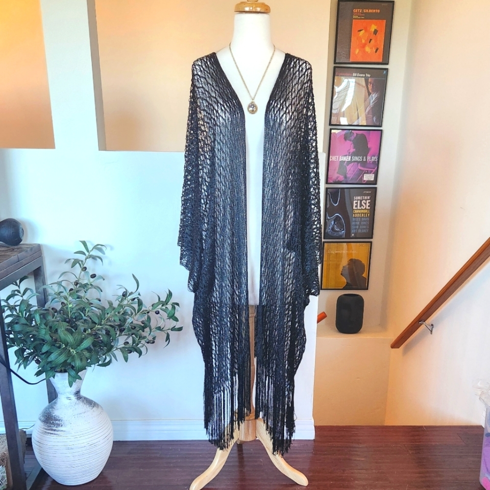 CRUISE CLUB Eyelash Open Weave Lurex Kimono Swim Coverup Black OSFM